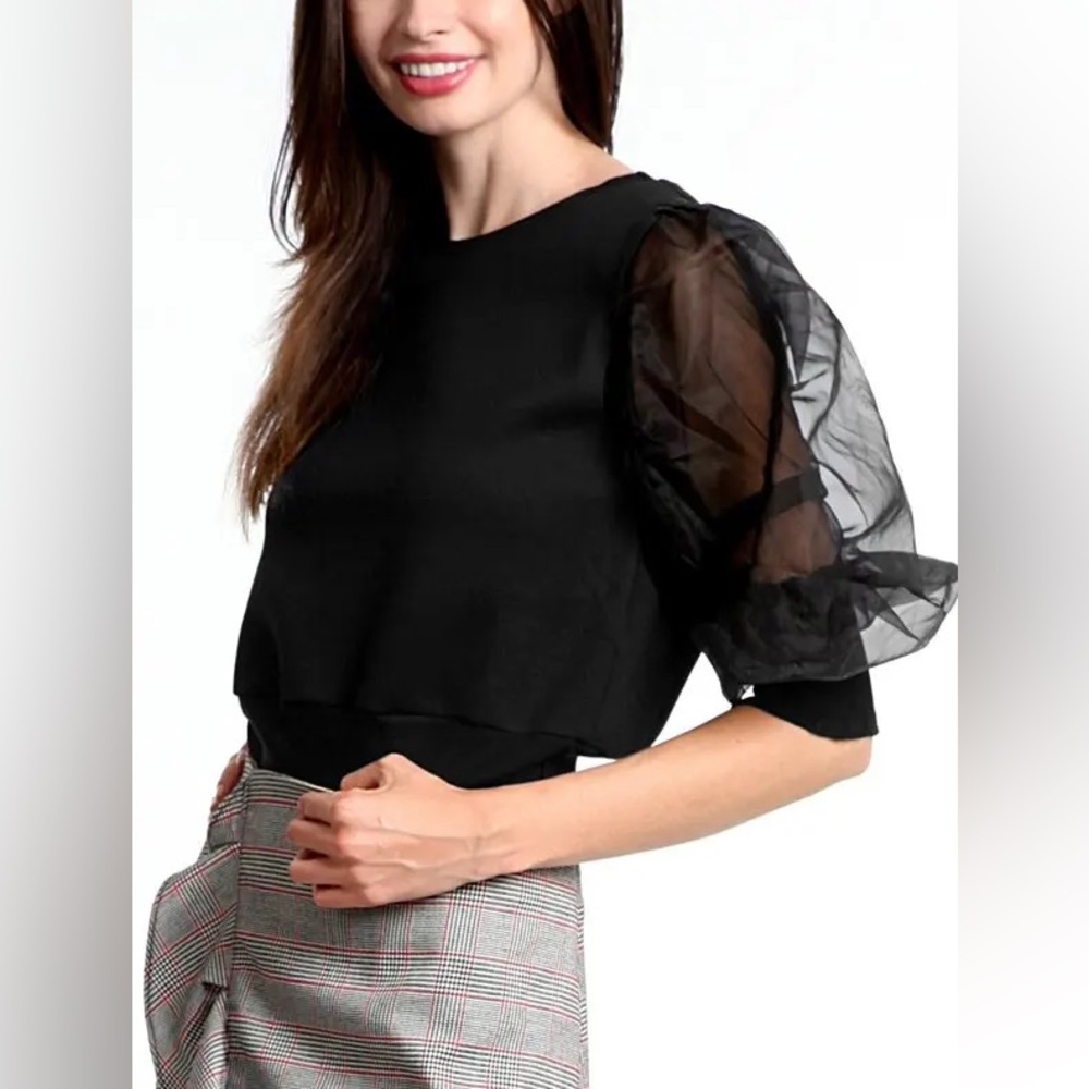 GRACIA Organza Puff Sleeve Top in Black Wasit and Cuff Sheer